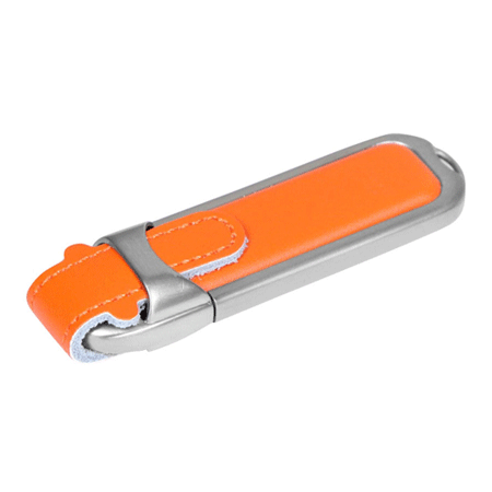 USB флешка Джек оранжевая на 8Гб в кожаном корпусе с металлическими вставками. Размеры: 18*24*87 мм. Методы нанесения: тампопечать, гравировка или тиснение.  Возможные объемы памяти:16, 32, 64 Гб. Минимальный тираж 50 штук.