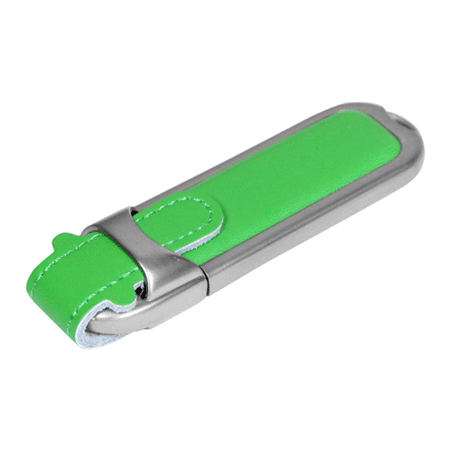 USB флешка Джек зеленая на 8Гб в кожаном корпусе с металлическими вставками. Размеры: 18*24*87 мм. Методы нанесения: тампопечать, гравировка или тиснение.  Возможные объемы памяти:16, 32, 64 Гб. Минимальный тираж 50 штук.