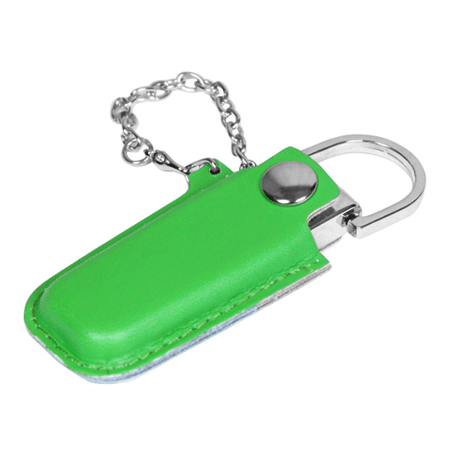 USB флешка Рэк зеленого цвета на 8Гб в кожаном чехле на цепочке. Наличие кольца позволяет использовать флешку в качестве брелка. Размеры: 14*35*61 мм. Идеально подходит под гравировку. Возможные объемы памяти: 16, 32, 64 Гб. Минимальный тираж от 50 штук.
