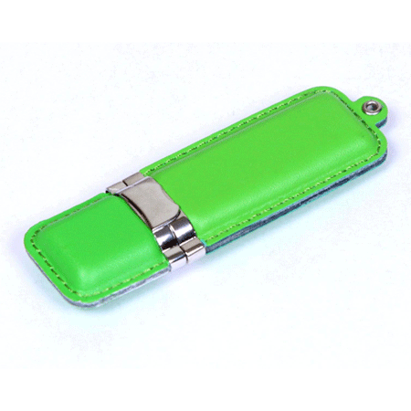 USB флешка SKIN в зеленом кожаном корпусе с металлическими вставками. Объем памяти 8 Гб. Размеры: 13*26*90 мм. Подходит под гравировку и тампопечать. Возможные объемы памяти: 16, 32, 64 Гб. Минимальный тираж от 50 штук.