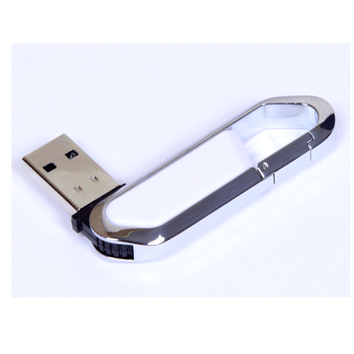 USB флешка «Карабин» белая на 8Гб  выполнена в металлическом корпусе с пластиковыми вставками. Выдвижной механизм. Размеры: 60*18*8 мм. Нанесение рекомендуем делать тампопечатью. Возможные объемы памяти: 16, 32, 64 Гб. Минимальный тираж 50 штук. 