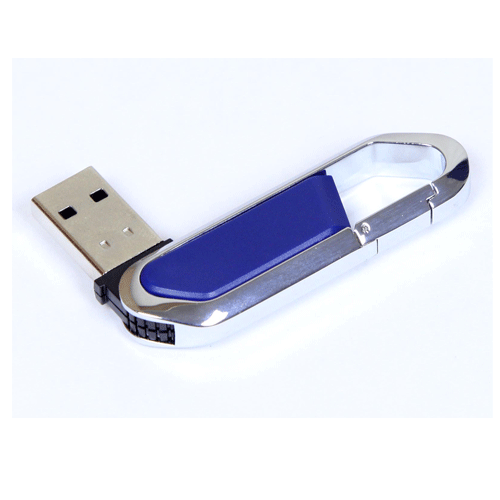 USB флешка «Карабин» синяя на 8Гб  выполнена в металлическом корпусе с пластиковыми вставками. Выдвижной механизм. Размеры: 60*18*8 мм. Нанесение рекомендуем делать тампопечатью. Возможные объемы памяти: 16, 32, 64 Гб. Минимальный тираж 50 штук. 