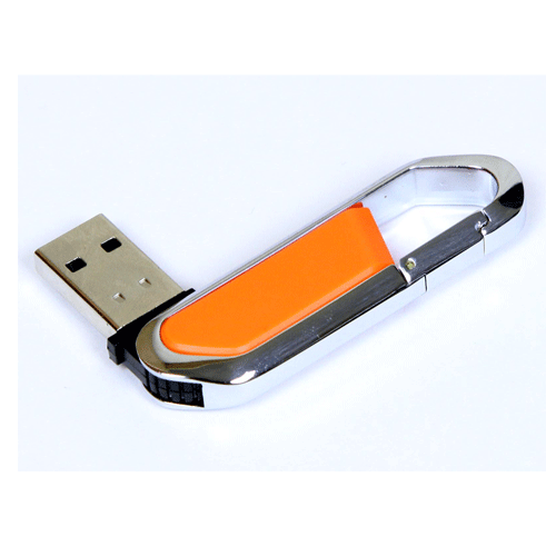 USB флешка «Карабин» оранжевая на 8Гб  выполнена в металлическом корпусе с пластиковыми вставками. Выдвижной механизм. Размеры: 60*18*8 мм. Нанесение рекомендуем делать тампопечатью. Возможные объемы памяти: 16, 32, 64 Гб. Минимальный тираж 50 штук. 