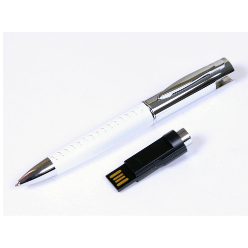USB флешка Ручка белая на 8Гб в металлическом корпусе с отделкой из кожи. Размеры: длина 144 мм, диаметр 14 мм. Метод нанесения: гравировка. Возможные объемы памяти: 16, 32, 64 Гб. Минимальный тираж 50 штук. 
