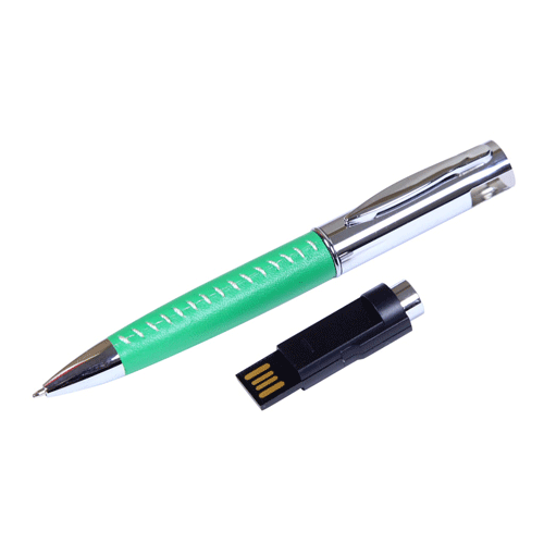 USB флешка Ручка зеленая на 8Гб в металлическом корпусе с отделкой из кожи. Размеры: длина 144 мм, диаметр 14 мм. Метод нанесения: гравировка. Возможные объемы памяти: 16, 32, 64 Гб. Минимальный тираж 50 штук.