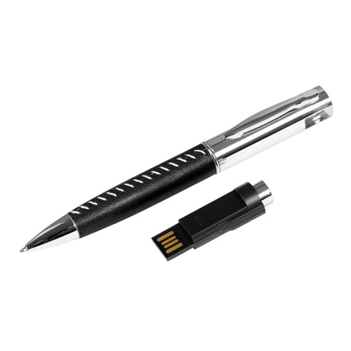 USB флешка Ручка черная на 8Гб в металлическом корпусе с отделкой из кожи. Размеры: длина 144 мм, диаметр 14 мм. Метод нанесения: гравировка. Возможные объемы памяти: 16, 32, 64 Гб. Минимальный тираж 50 штук.