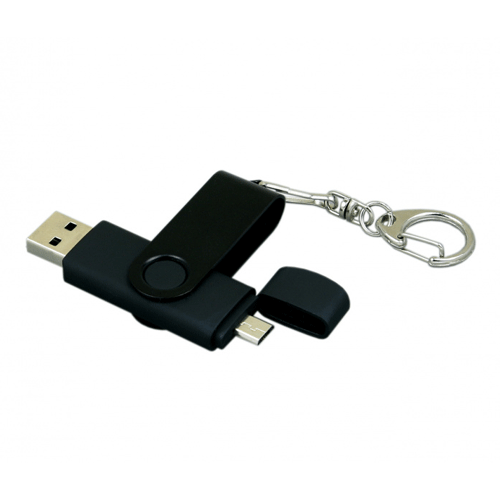USB флешка с дополнительным разъемом Micro USB «FOLD 1» в металлическом корпусе черного цвета. Поворотная часть флешки окрашена в цвет корпуса. Имеет карабин. Флешку можно подключать к мобильным устройствам. Размеры: 7*1,7 см. Логотип рекомендуем наносить методом лазерной гравировки или тампопечати. Возможные объемы памяти: 16, 32, 64 Гб. Минимальный тираж от 50 штук.