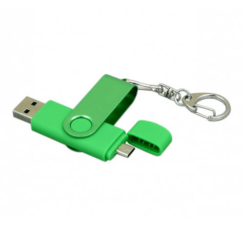 USB флешка с дополнительным разъемом Micro USB «FOLD 1» в металлическом корпусе зеленого цвета. Поворотная часть флешки окрашена в цвет корпуса. Имеет карабин. Флешку можно подключать к мобильным устройствам. Размеры: 7*1,7 см. Логотип рекомендуем наносить методом лазерной гравировки или тампопечати. Возможные объемы памяти: 16, 32, 64 Гб. Минимальный тираж от 50 штук.