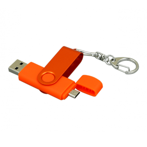 USB флешка с дополнительным разъемом Micro USB «FOLD 1» в металлическом корпусе оранжевого цвета. Поворотная часть флешки окрашена в цвет корпуса. Имеет карабин. Флешку можно подключать к мобильным устройствам. Размеры: 7*1,7 см. Логотип рекомендуем наносить методом лазерной гравировки или тампопечати. Возможные объемы памяти: 16, 32, 64 Гб. Минимальный тираж от 50 штук.