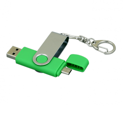 USB флешка с дополнительным разъемом Micro USB «FOLD 2» зеленая в металлическом корпусе. Поворотная часть флешки серебряного цвета. В комплекте карабин. Флешку можно подключать к мобильным устройствам. Размеры: 7*1,7 см. Логотип рекомендуем наносить методом лазерной гравировки или тампопечати. Возможные объемы памяти: 32, 64 GB. Минимальный тираж от 50 штук.