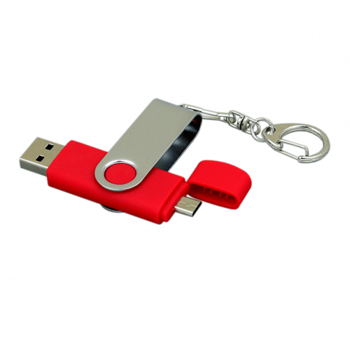 USB флешка с дополнительным разъемом Micro USB «FOLD 2» красная в металлическом корпусе. Поворотная часть флешки серебряного цвета. В комплекте карабин. Флешку можно подключать к мобильным устройствам. Размеры: 7*1,7 см. Логотип рекомендуем наносить методом лазерной гравировки или тампопечати. Возможные объемы памяти: 32, 64 GB. Минимальный тираж от 50 штук.