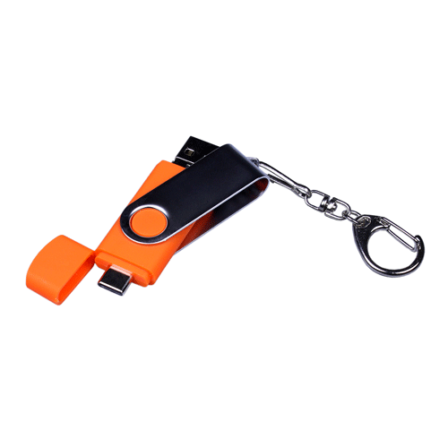 USB флешка с дополнительным разъемом Micro USB «FOLD 2» оранжевая в металлическом корпусе. Поворотная часть флешки серебряного цвета. В комплекте карабин. Флешку можно подключать к мобильным устройствам. Размеры: 7*1,7 см. Логотип рекомендуем наносить методом лазерной гравировки или тампопечати. Возможные объемы памяти: 32, 64 GB. Минимальный тираж от 50 штук.