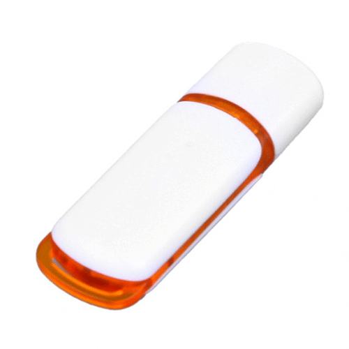 USB флешка «Клос» бело-оранжевая (8Гб) в пластиковом корпусе с тонкими алюминиевыми вставками. Размеры: 33*15 мм Идеально подходит под тампопечать. Возможные объемы памяти: 16, 32, 64 Гб. Минимальный тираж от 50 штук.
