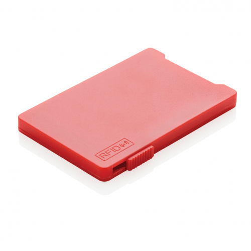 Защитный бокс RFID 2 для кредитных карт красного цвета рассчитан на 5 обычных или 3 рельефных кредитные карты. Бокс RFID 2 способен защитить ваши кредитки от несанкционированных транзакций поскольку в нем есть электромагнитное поле.  Специальный слайдер, расположенный на боковой части, поможет вам без труда извлечь карты из бокса. Размер защитного бокса 0.5*6.5*9.4 см. Изготовлен из пластика. Минимальный тираж 200 шт. Нанести логотип на боксы рекомендуем методом тампопечати.