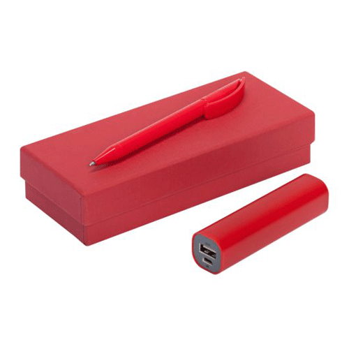 В подарочный набор Соп красного цвета входит пластиковая ручка  Prodir с поворотным механизмом и зарядное устройство на 2000 мАч (без комплекта кабелей). Коробка выполнена из переплетного картона. Размеры: 17,2х7,2х4 см. Рекомендуем делать нанесение методом тампопечати или уф-печати. Минимальная партия 50 штук.
