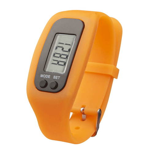 Смарт часы с измерением шагов «Step-10» оранжевого цвета из силикона, с металлической застежкой, кнопками для изменения настроек и 5-ти разрядным цифровым диодным дисплеем. Функции часов: будильник, подсчет шагов и сожженных калорий. Поставляются в  пластиковой коробке, которую можно использовать для нанесения. Батарейки в комплекте. Размер товара: 24,5 х 2,7 х 1,4 см. Для нанесения рекомендуем использовать гравировку, тампопечать, уФ-печать. Минимальный тираж 30 шт.