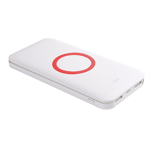 Универсальный аккумулятор Сатурн с функцией беспроводной зарядки бело-красного цвета. В комплекте поставляется кабель с разъемами USB и Micro USB. Аккумулятор имеет размер 15х7,3х1,2см, изготовлен из пластика с силиконовым кольцом яркого цвета. Технические параметры: аккумулятор Li-Polymer емкостью 8000 mAh, входные параметры: 5 В, 2100 mA, выходные параметры: 5 В, 2100 mA. Мощность беспроводной зарядки -5W. Аккумулятор снабжен индикатором зарядки батареи (4шт.) Минимальный тираж 10 штук. Рекомендуем делать нанесение методом тампопечати.