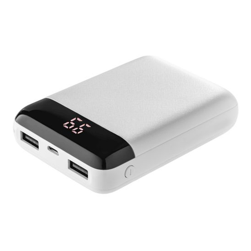 Внешний аккумулятор с индикатором  MAX  POWER белого цвета. Ёмкостью 10 000 mAh, сделан из пластика. Размеры: 8,9x6,3x2,1 см; упаковка: 14x8x2,8 см. В комплект входит кабель с разъемами Type-C, Micro USB, Lightning (iPhone 5/6/7/8/X/XS/11). Нанести логотип можно тампопечатью или УФ печатью. Минимальный тираж от 10 шт. 