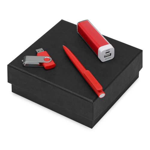 В подарочный набор On-the-go красный входит ручка пластиковая, флешка на 8 Гб и зарядное устройство на 2200 mAh. Нанесение рекомендуем делать с помощью тампопечати. Минимальный тираж 10 штук. 
