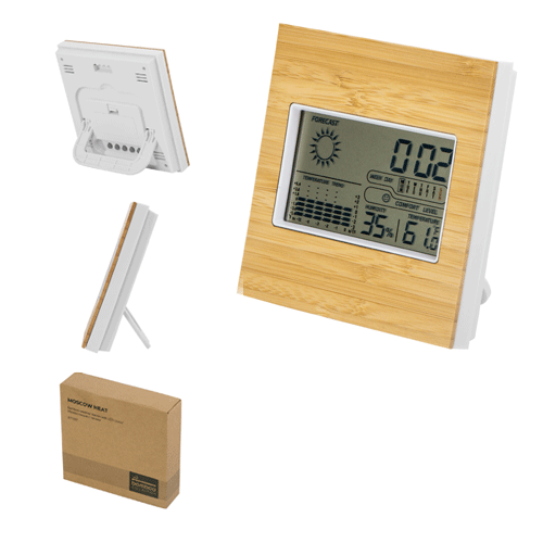 Бамбуковая метеостанция с часами «Moscow Heat» станет удобным и функциональным деловым подарком.
Благодаря встроенным датчикам метеостанция показывает температуру воздуха, уровень влажности, дату и время, а также можно настроить будильник. Материал товара: бамбук/пластик, размер товара: 13,1 х 13,1 х 2,4 см. Источник питания
батарейка AAA - 2шт. Для нанесения рекомендуем гравировку, тампопечать. Минимальный тираж 30 шт.