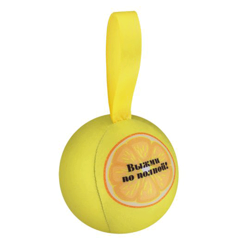 Шарик-антистресс  «Шар предсказаний» желтый необычный новогодний сувенир. Его можно повесить на елку или использовать как антистресс. Материал: спандекс, наполнитель - полипропиленовые шарики. Диаметр 9см.  Минимальный тираж 50 штук. Нанесение рекомендуем делать с помощью шелкографии на сам шарик или на ленту. 